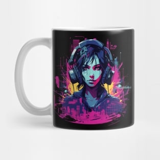 Retro Cyberpunk Woman in Headphones listening to music Mug